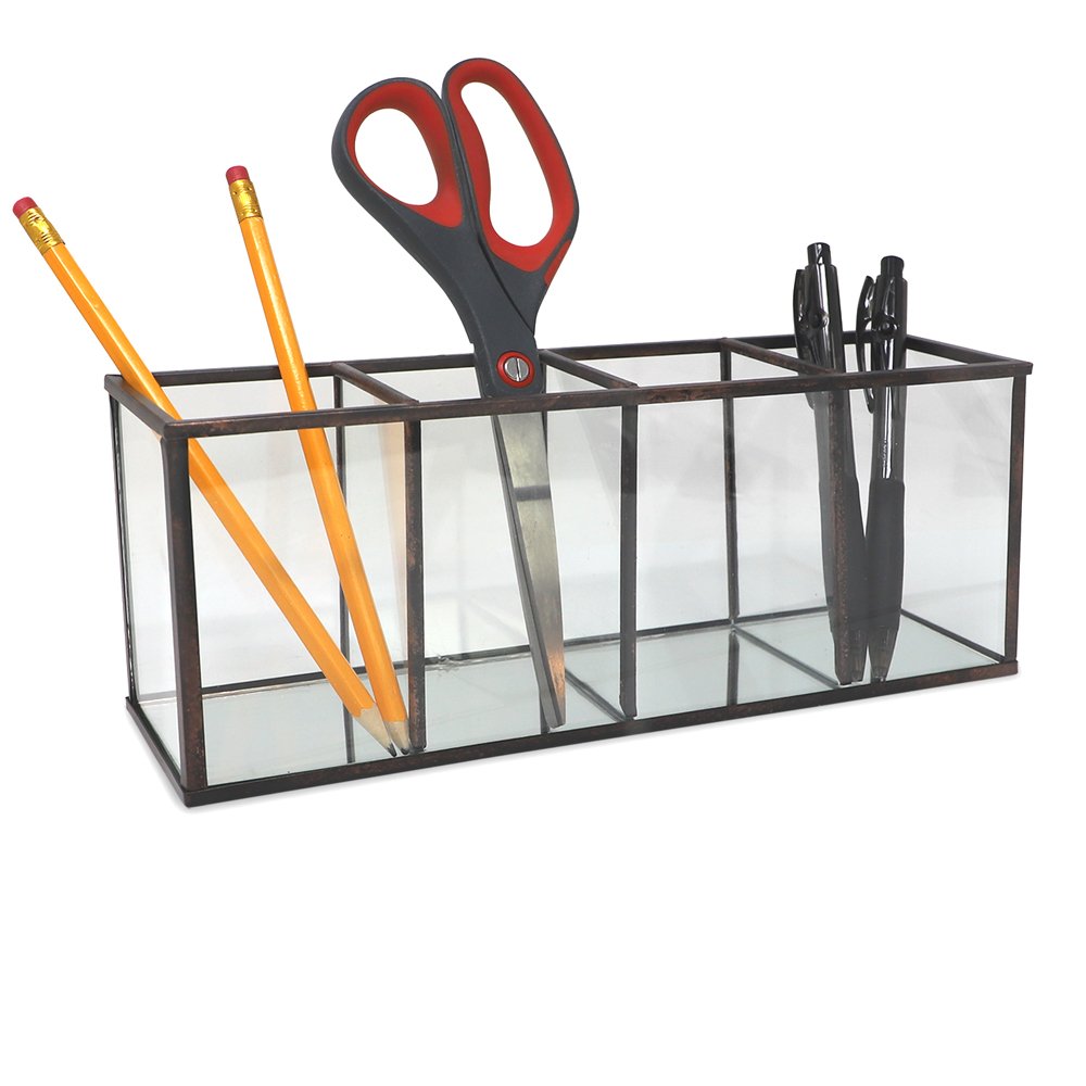 Isaac Jacobs 4-Compartment Organizer- Makeup Brush Holder- Vintage Style Brass and Glass Storage Solution with Mirror Base- Office, Bathroom, Kitchen Supplies and More