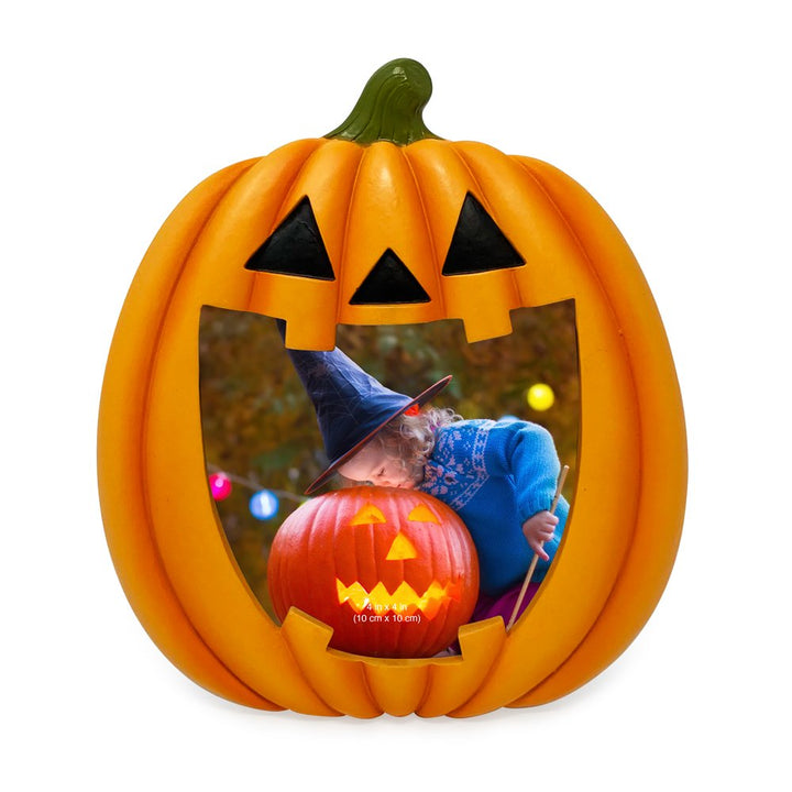 Isaac Jacobs 4x4 Halloween Jack O Lantern Picture Frame, Pumpkin-Shaped Picture Frame For Halloween (4x4, Orange)_