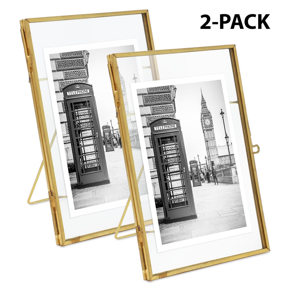 Isaac Jacobs (2-Pack) Vintage Style Brass and Glass, Metal Floating Picture Frame with Locket Closure, for Photos, Art, &amp; More, Tabletop Display