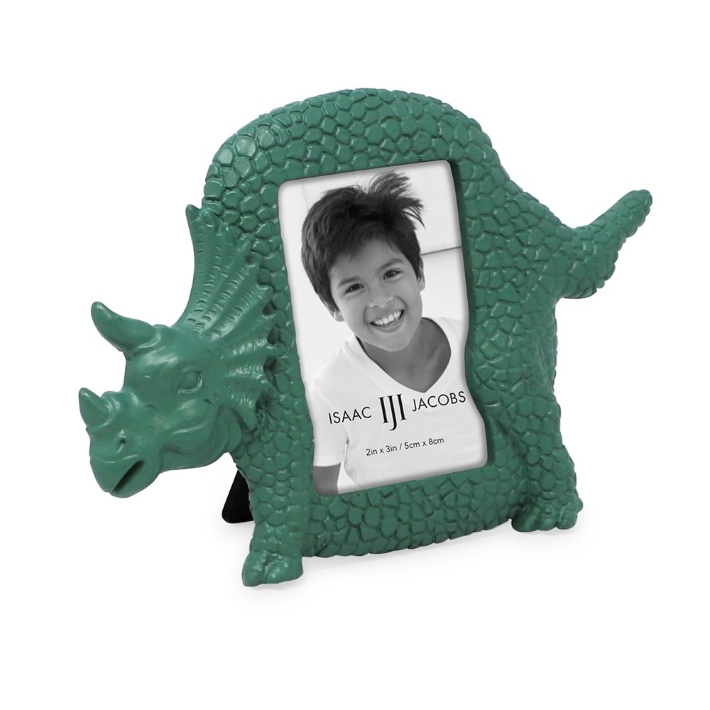 Isaac Jacobs 2” x 3" Resin Dinosaur Picture Frame, Vertical Keepsake Photo Frame with Easel and Hanging Tabs for Tabletop, Desktop &amp; Wall Display
