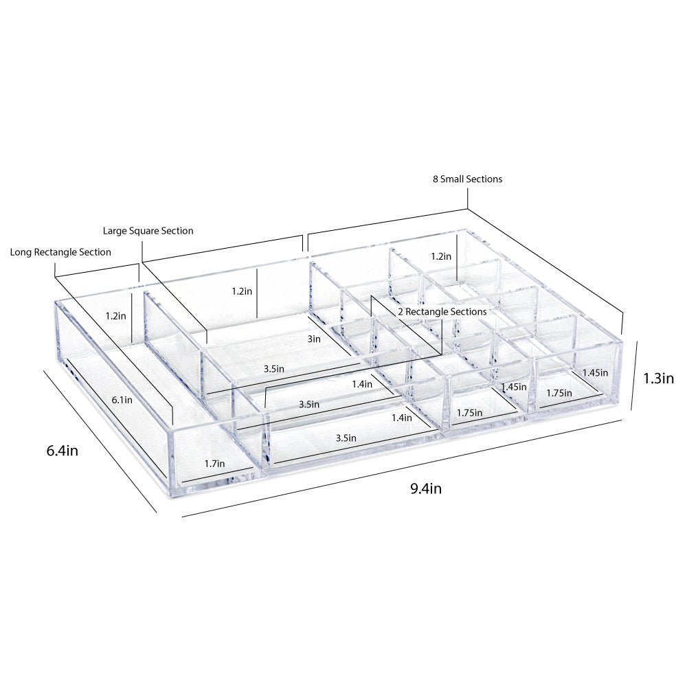 Isaac Jacobs 12-Compartment Clear Acrylic Drawer Organizer (9.4" L x 6.4" W x 1.4" H), Multi-Sectional Tray &amp; Storage Solution for Makeup, School &amp; Office Supplies, Bathroom, Kitchen