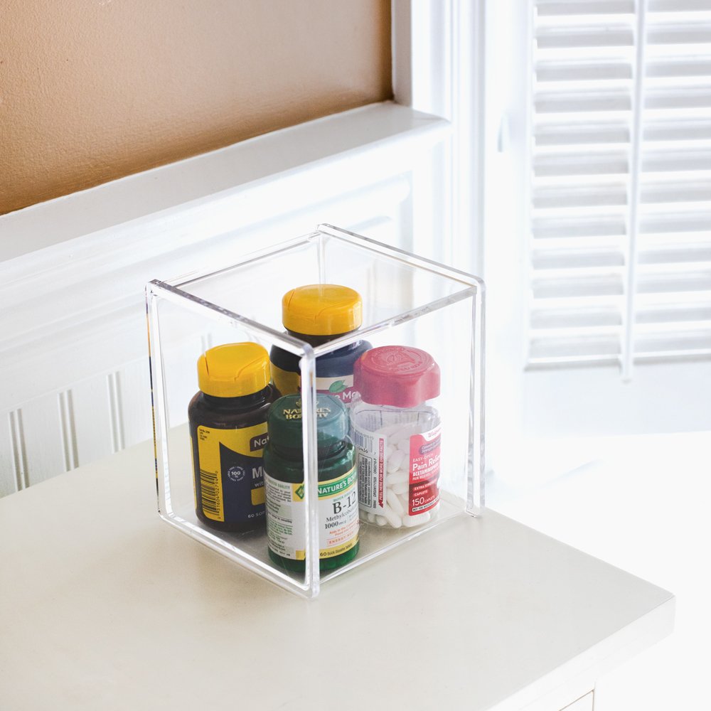 Isaac Jacobs Clear Acrylic Cube Organizer with Lid (5.25" L x 5.25" W x 5.75" H), Stackable, Storage Solution for Makeup, School &amp; Office Supplies &amp; More, for Bathroom, Kitchen, Office