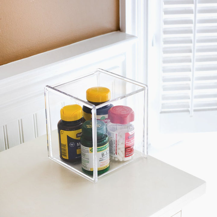Isaac Jacobs Clear Acrylic Cube Organizer with Lid (5.25" L x 5.25" W x 5.75" H), Stackable, Storage Solution for Makeup, School &amp; Office Supplies &amp; More, for Bathroom, Kitchen, Office
