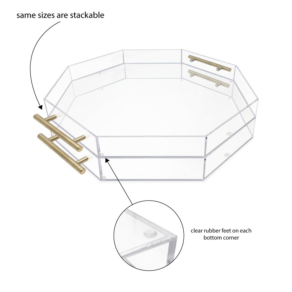 Isaac Jacobs Clear Acrylic Serving Tray with Metal Handles, Spill-Proof, Stackable Organizer, Space-Saver, Food &amp; Drinks Server, Indoors/Outdoors, Lucite Storage Décor &amp; More