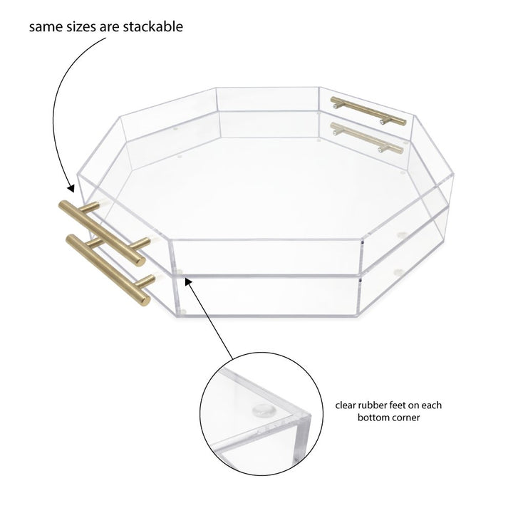 Isaac Jacobs Clear Acrylic Serving Tray with Metal Handles, Spill-Proof, Stackable Organizer, Space-Saver, Food &amp; Drinks Server, Indoors/Outdoors, Lucite Storage Décor &amp; More