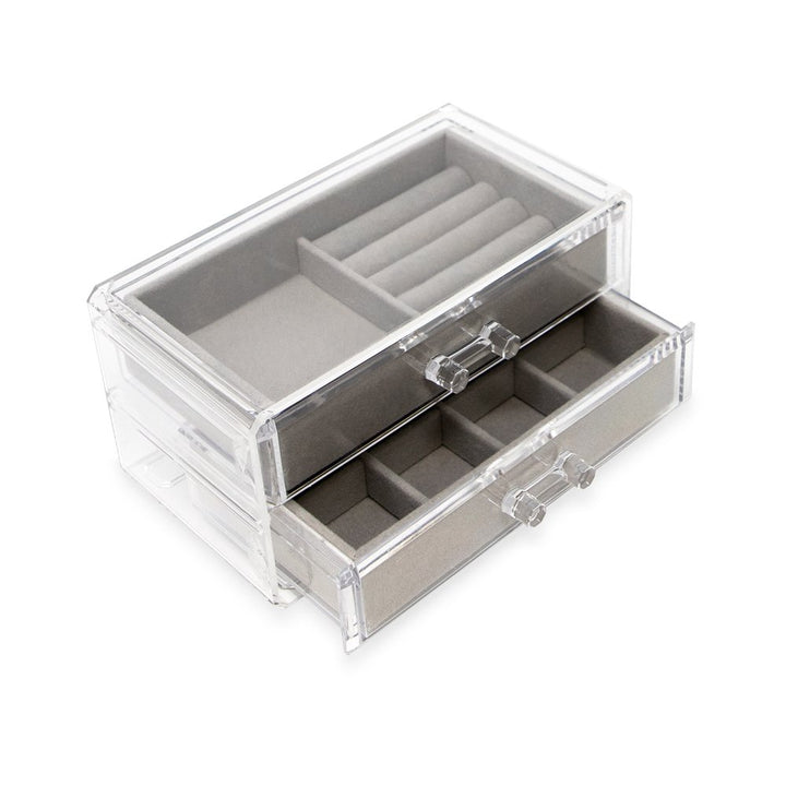 Isaac Jacobs Clear Acrylic 2-Drawer Jewelry Organizer (7.4” x 4.5” x 3.5”) w/ Velvet Lining, Stackable Storage Box For Rings, Necklaces, Bracelets, Earrings &amp; Watches, Tabletop Display Case