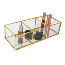 Isaac Jacobs 3-Compartment Vintage Style Brass and Glass Makeup Organizer (9.1” L x 3.6“W x 2.6” H), Multi-Sectional Tray & Storage Solution w/Mirror Base, Bathroom, Kitchen, Office