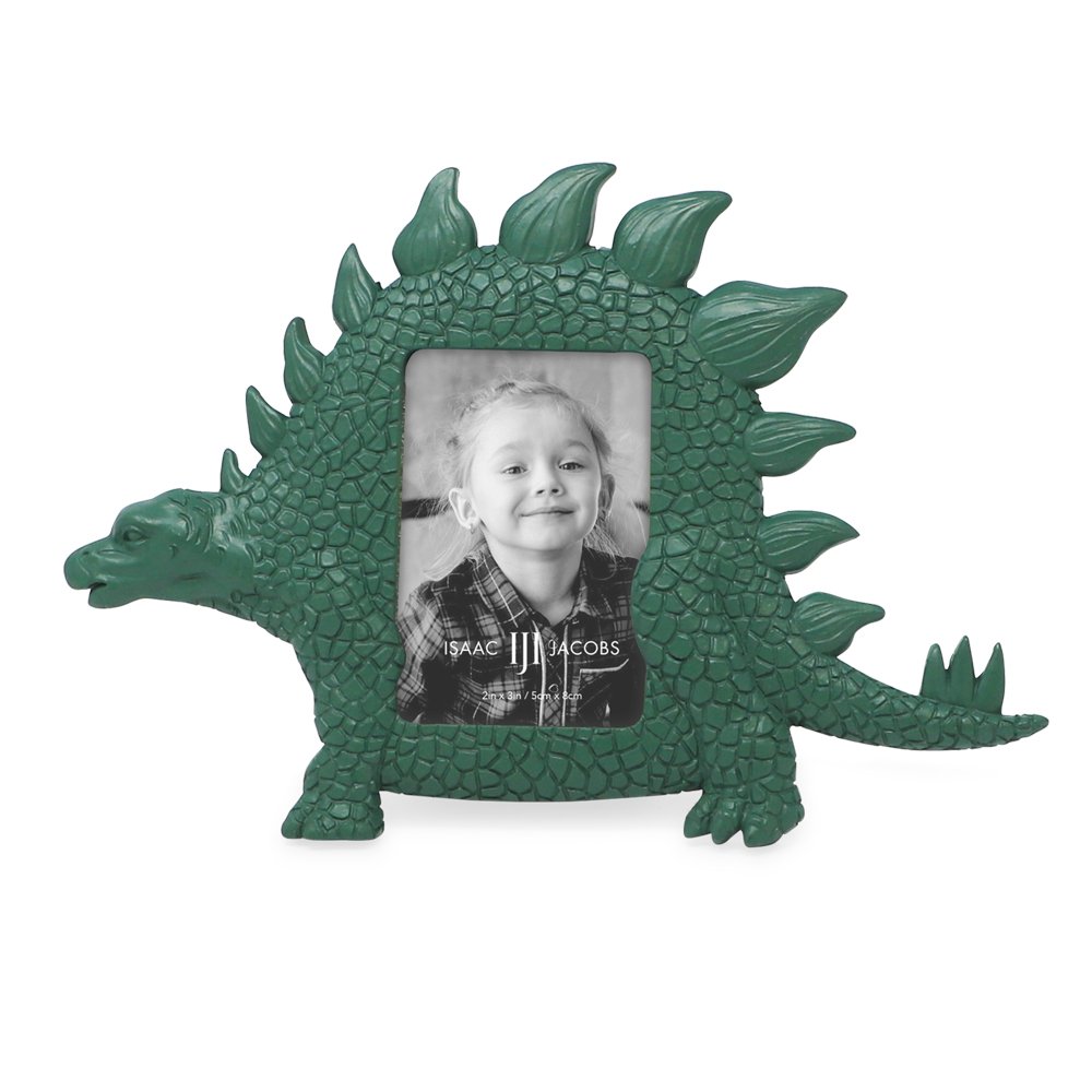 Isaac Jacobs 2” x 3" Resin Dinosaur Picture Frame, Vertical Keepsake Photo Frame with Easel and Hanging Tabs for Tabletop, Desktop &amp; Wall Display