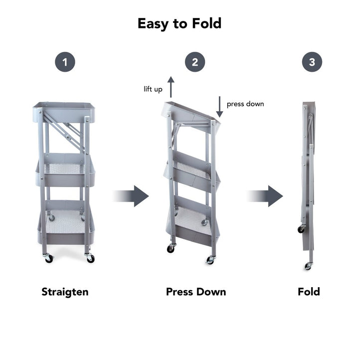 Isaac Jacobs 3-Tier Rolling Cart, Foldable Mobile Storage Organizer with Caster Wheels, Lightweight Multi-Purpose Metal Utility Cart for Office, Kitchen, Bathroom, Bedroom