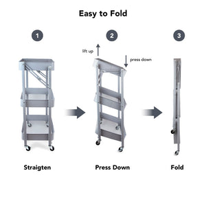 Isaac Jacobs 3-Tier Rolling Cart, Foldable Mobile Storage Organizer with Caster Wheels, Lightweight Multi-Purpose Metal Utility Cart for Office, Kitchen, Bathroom, Bedroom