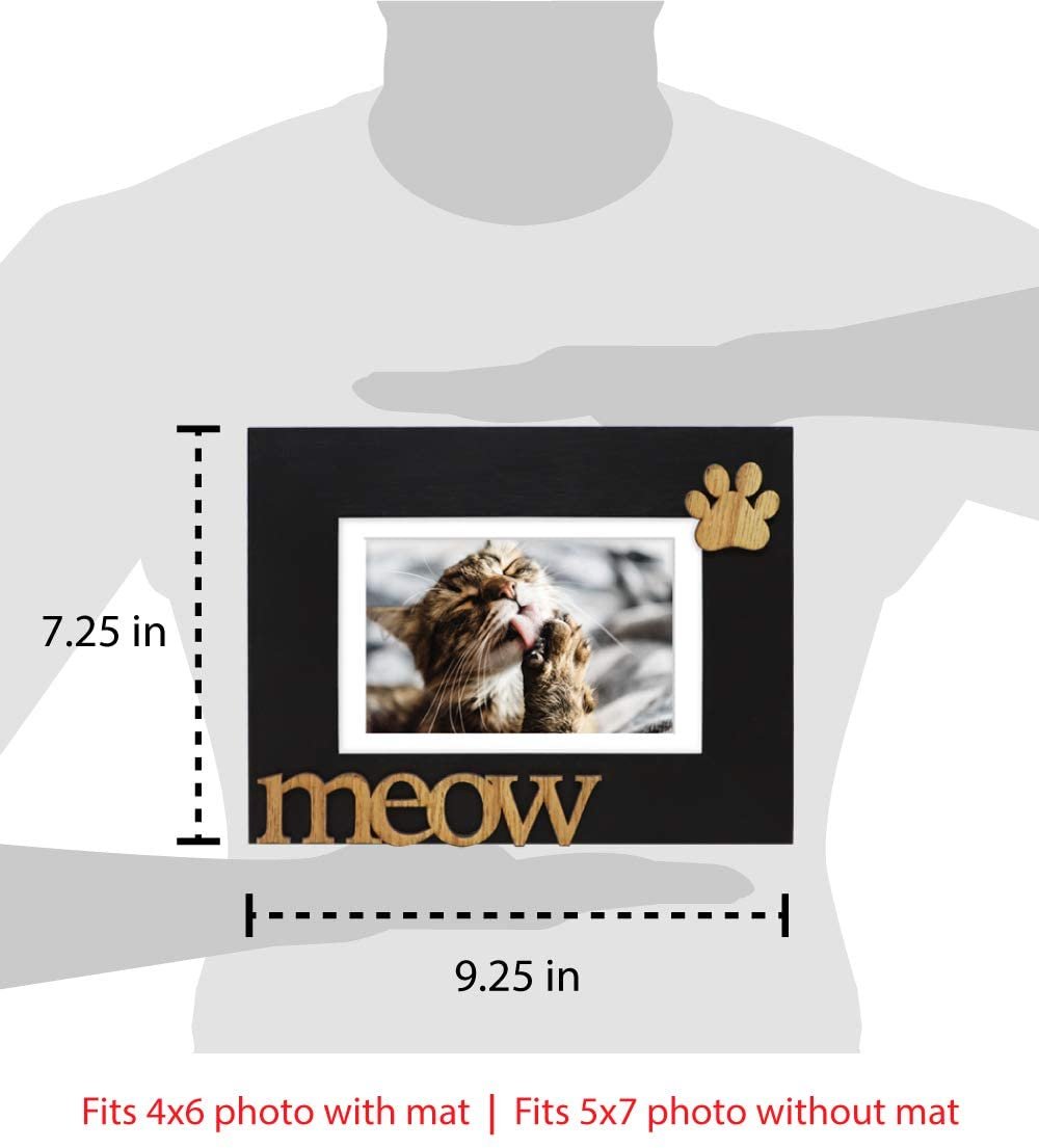 Isaac Jacobs Wood Sentiments Cat “Meow” Picture Frame, Photo Gift for Pet Cat, Kitten, Display on Tabletop, Desk