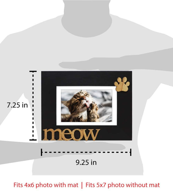 Isaac Jacobs Wood Sentiments Cat “Meow” Picture Frame, Photo Gift for Pet Cat, Kitten, Display on Tabletop, Desk