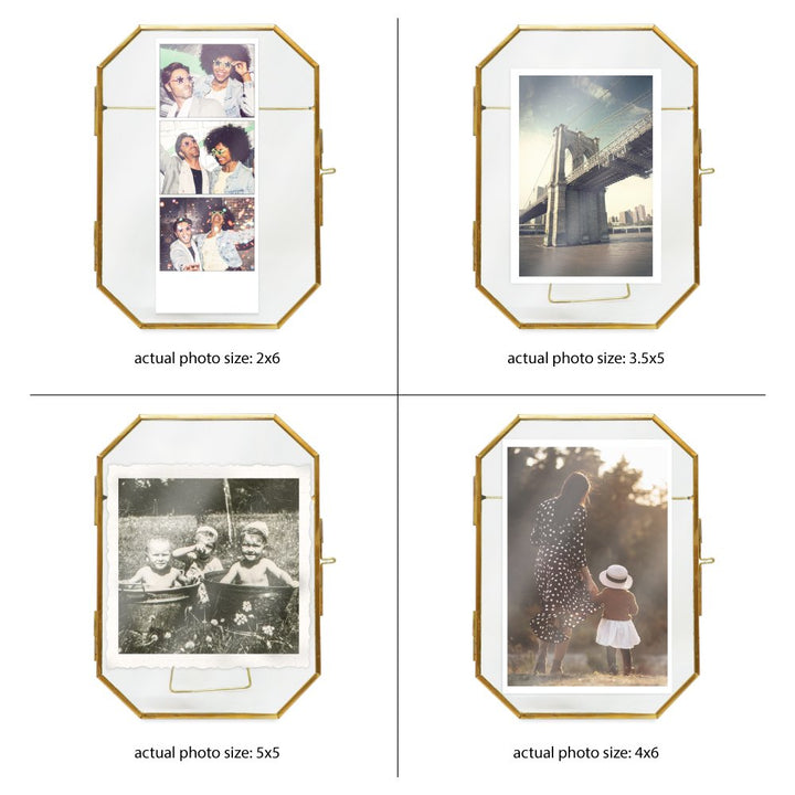 Isaac Jacobs Vintage Style Octagon Brass &amp; Glass, Metal Floating Picture Frame with Locket Closure, Tabletop Display