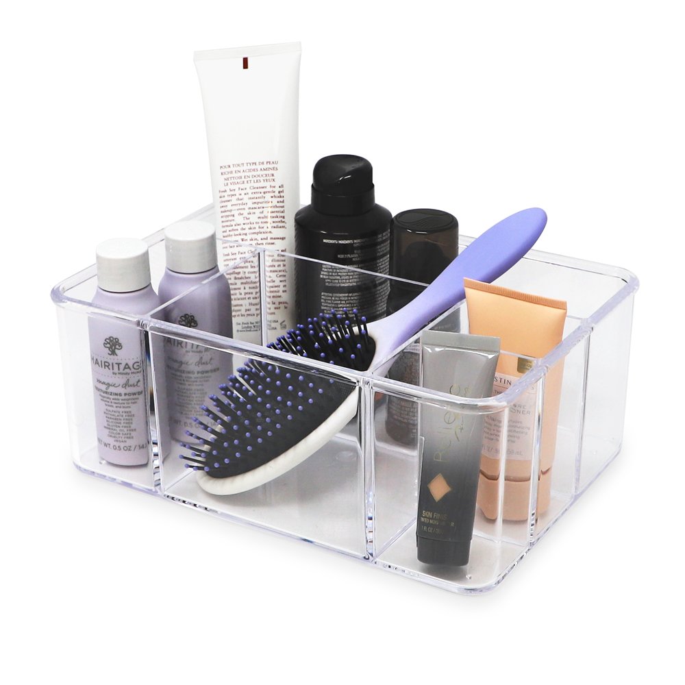 Isaac Jacobs 5-Compartment Clear Acrylic Organizer (10” L x 7” W x 4” H), Makeup Brush Holder, Tall Slot, Multi-Sectional Tray, Storage Solution for Makeup, School, Crafts, Office Supplies &amp; More