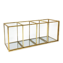 Isaac Jacobs 4-Compartment Organizer- Makeup Brush Holder- Vintage Style Brass and Glass Storage Solution with Mirror Base- Office, Bathroom, Kitchen Supplies and More