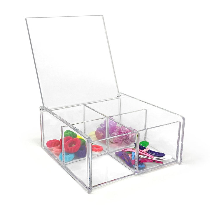 Isaac Jacobs 4-Compartment Square Clear Acrylic Organizer with Lid (5.75" L x 5.75" W x 2.75" H), Multi-Sectional Tray, Stackable, Storage Solution for School, Craft, Office Supplies, Kitchen &amp; More