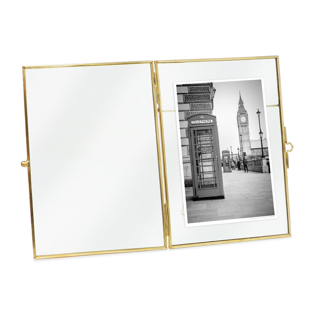 Isaac Jacobs Vintage Style Brass and Glass, Metal Floating Desk Photo Frame with Locket Bead Clasp Closure for Pictures Art, More
