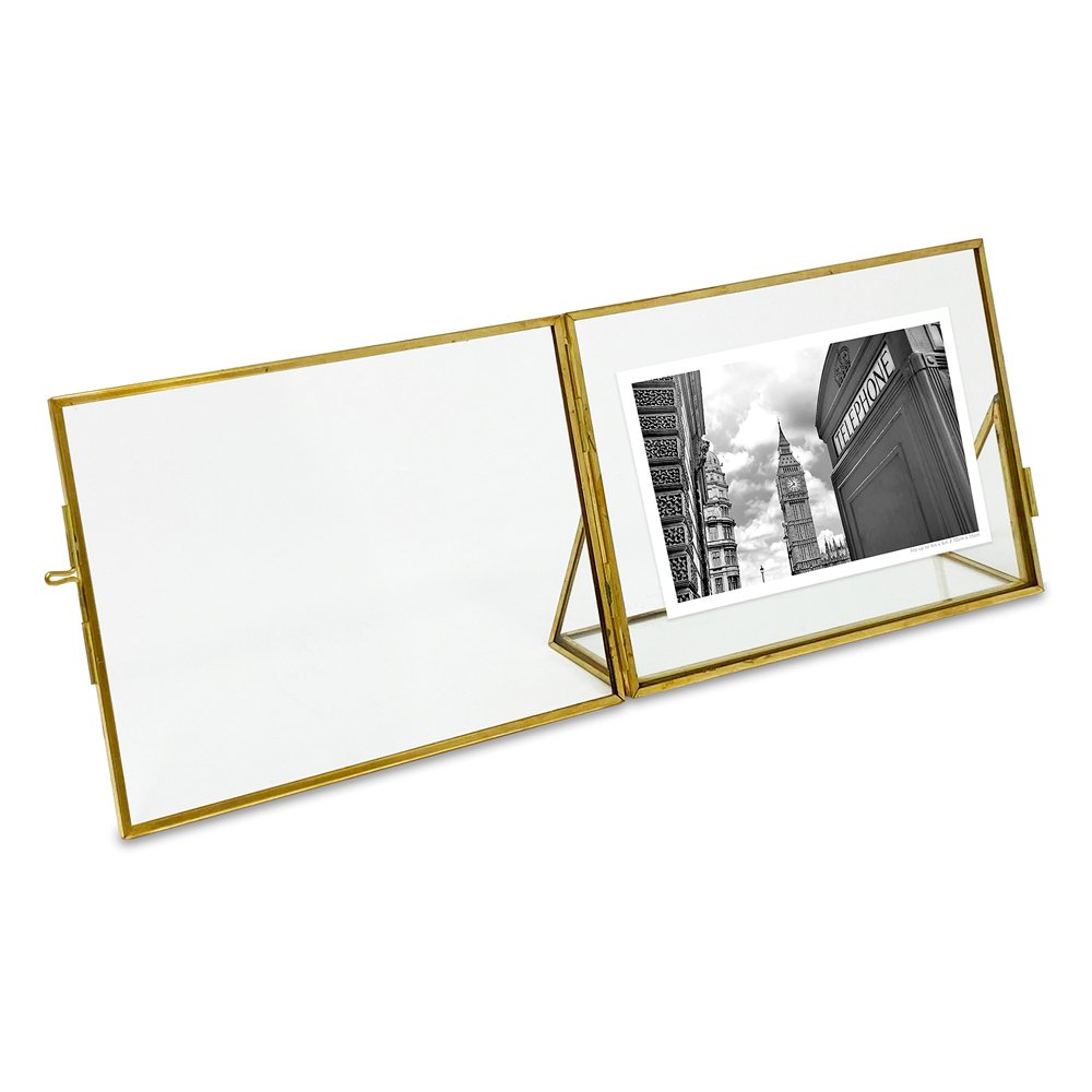 Isaac Jacobs Vintage Style Brass and Glass, Floating Photo Frame, Metal, with Locket Closure and Angled Base, for Pictures, Art, Mementos, Keepsakes