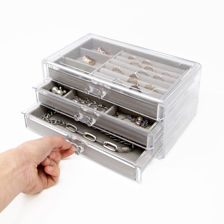 Isaac Jacobs Clear Acrylic 3-Drawer Jewelry Organizer (9.25” x 5.4” x 4.25”) w/ Velvet Lining, Stackable Storage Box For Necklaces, Bracelets, Earrings, Watches &amp; Rings, Tabletop Display Case