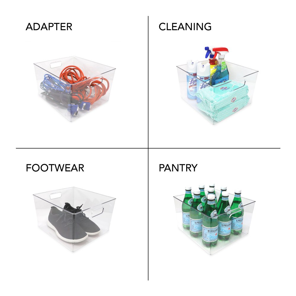Isaac Jacobs 3-Pack Clear Storage Bins with Handles, Plastic Organizer for Home, Room, Office, Fridge, Kitchen/Pantry Non-Slip Container Set, Food Safe, BPA Free