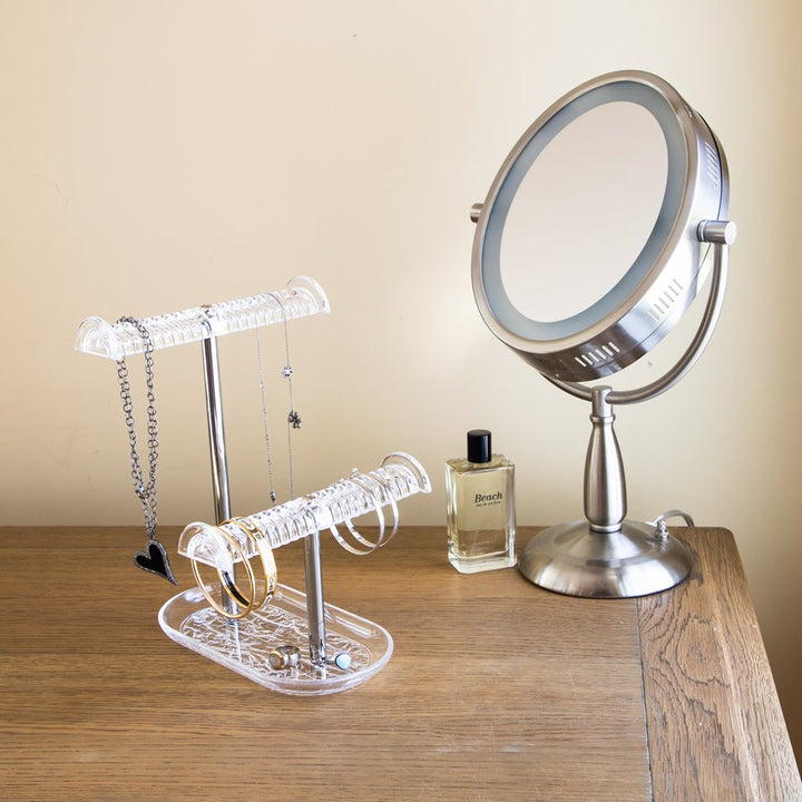 Isaac Jacobs 2-Tier Clear Acrylic Necklace &amp; Bracelet Holder (10.25” H &amp; 5.25” H), Double T-Bar Hanging Chain Organizer, Sleek &amp; Sturdy Jewelry Stand &amp; Tray for Rings, Bedroom, Bathroom