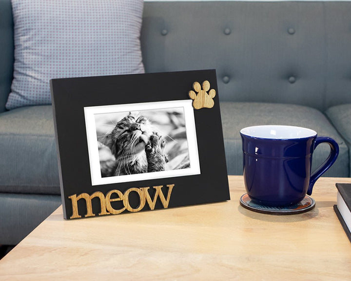 Isaac Jacobs Wood Sentiments Cat “Meow” Picture Frame, Photo Gift for Pet Cat, Kitten, Display on Tabletop, Desk