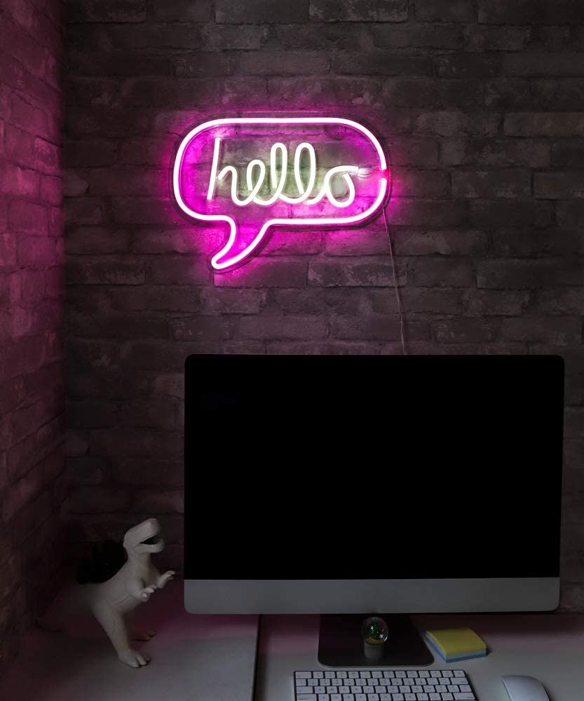 Isaac Jacobs 17” x 12” inch LED Neon ‘White &amp; Pink “hello” Word Bubble’ Wall Sign for Cool Light, Wall Art, Bedroom Decorations, Home Accessories, Party, and Holiday Décor: Powered by USB Wire (HELLO)