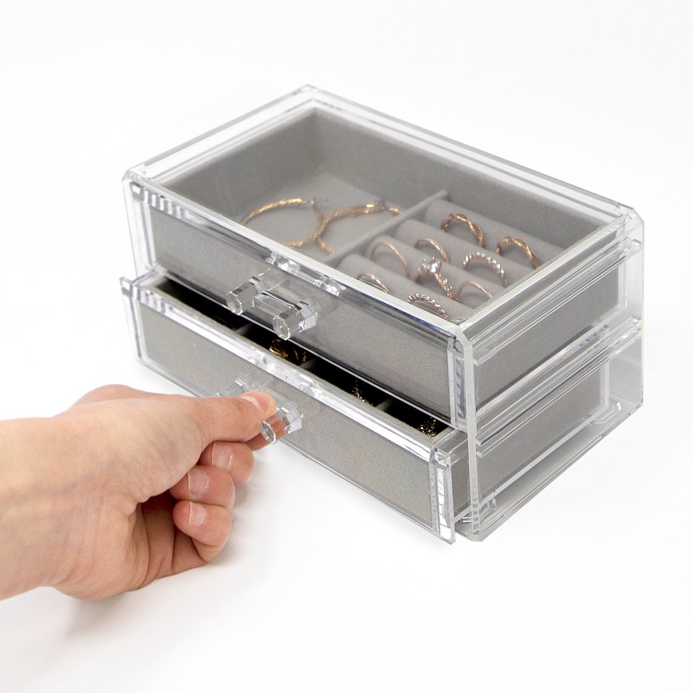 Isaac Jacobs Clear Acrylic 2-Drawer Jewelry Organizer (7.4” x 4.5” x 3.5”) w/ Velvet Lining, Stackable Storage Box For Rings, Necklaces, Bracelets, Earrings &amp; Watches, Tabletop Display Case