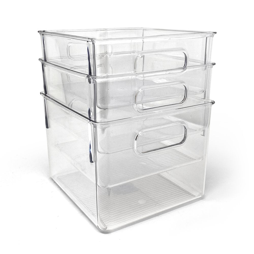 Isaac Jacobs 3-Pack Clear Storage Bins with Handles, Plastic Organizer for Home, Room, Office, Fridge, Kitchen/Pantry Non-Slip Container Set, Food Safe, BPA Free