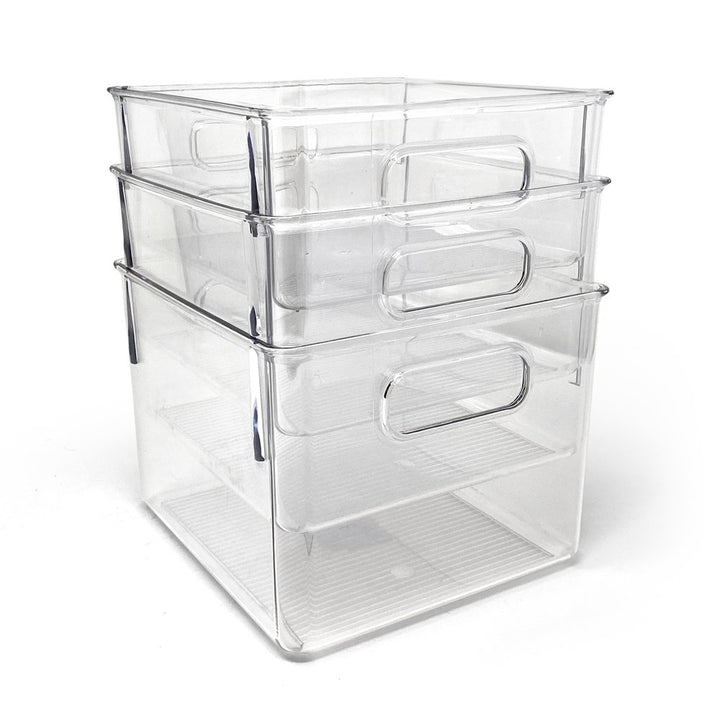 Isaac Jacobs 3-Pack Clear Storage Bins with Handles, Plastic Organizer for Home, Room, Office, Fridge, Kitchen/Pantry Non-Slip Container Set, Food Safe, BPA Free