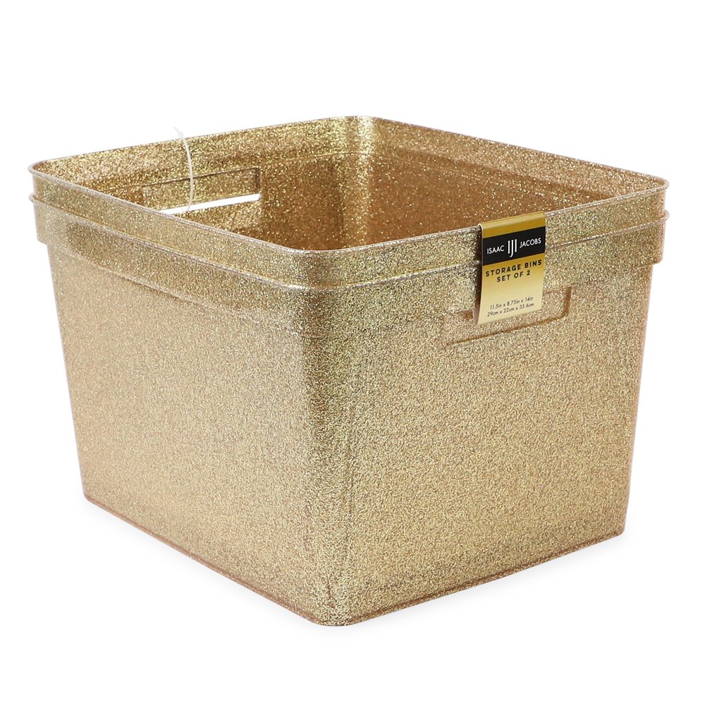 Isaac Jacobs Large Glitter Storage Bin (14” x 11.5” x 8.75”) Set w/Cut-Out Handles, Plastic Organizer, Multi-Functional, Home Storage Solution, Kids Playroom, Bedroom, Closet