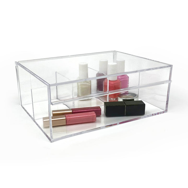Isaac Jacobs 4-Compartment Clear Acrylic Organizer with Lid (6.7" L x 8.6" W x 3.4" H), Multi-Sectional Tray &amp; Storage Solution for Makeup, School &amp; Office Supplies &amp; More, for Bathroom, Kitchen