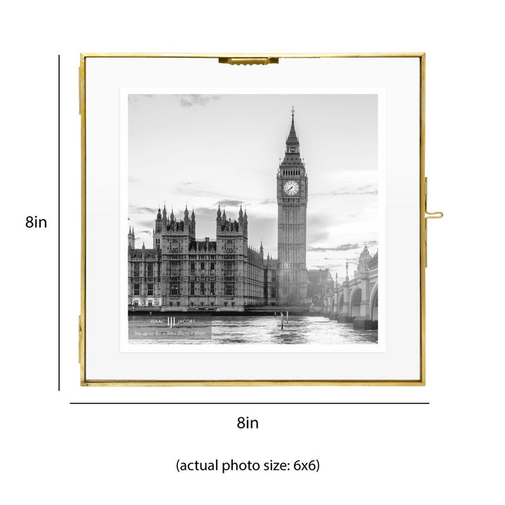 Isaac Jacobs Vintage Style Brass and Glass Hanging Picture Frame, Wall-Mountable, Floating Picture Frame w/ Locket Closure, for Photos, Wall Décor, Art, &amp; More