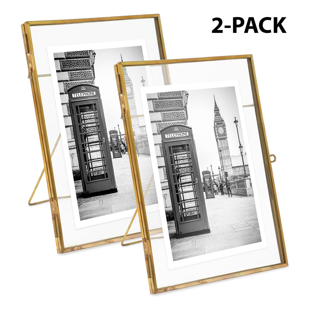 Isaac Jacobs (2-Pack) Vintage Style Brass and Glass, Metal Floating Picture Frame with Locket Closure, for Photos, Art, &amp; More, Tabletop Display