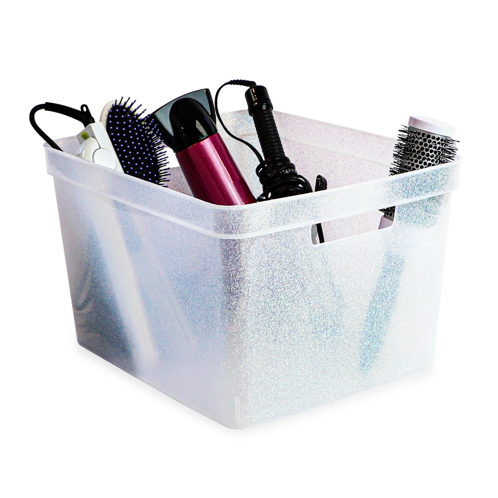 Isaac Jacobs Large Glitter Storage Bin (14” x 11.5” x 8.75”) Set w/Cut-Out Handles, Plastic Organizer, Multi-Functional, Home Storage Solution, Kids Playroom, Bedroom, Closet