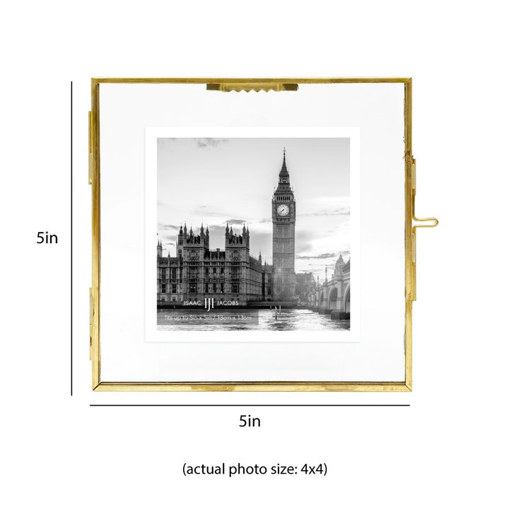 Isaac Jacobs Vintage Style Brass and Glass Hanging Picture Frame, Wall-Mountable, Floating Picture Frame w/ Locket Closure, for Photos, Wall Décor, Art, &amp; More