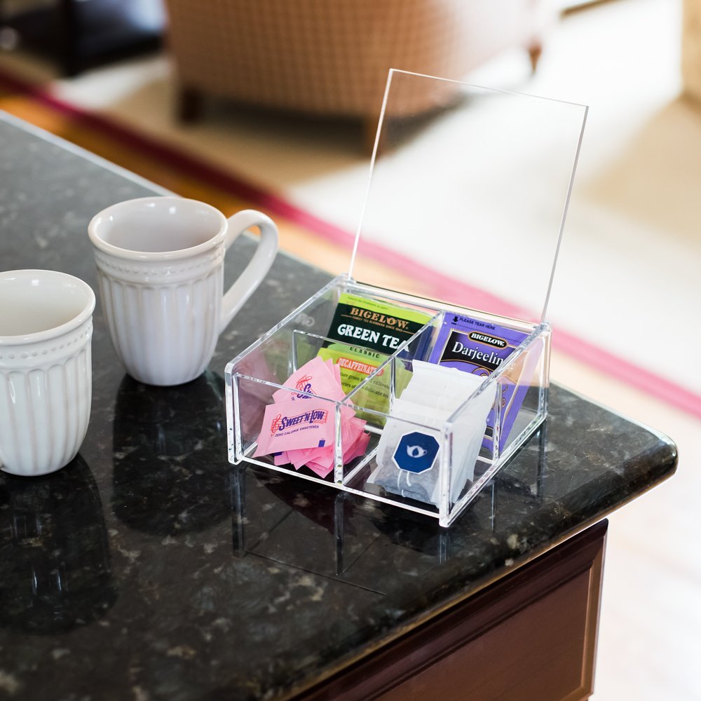 Isaac Jacobs 4-Compartment Square Clear Acrylic Organizer with Lid (5.75" L x 5.75" W x 2.75" H), Multi-Sectional Tray, Stackable, Storage Solution for School, Craft, Office Supplies, Kitchen &amp; More