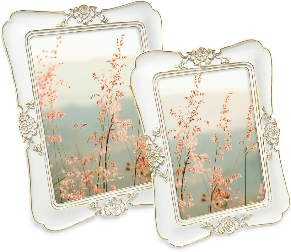 Isaac Jacobs Vintage-Inspired Simple Ornate Picture Frame, Horizontal &amp; Vertical for Tabletop and Wall Display, Home Décor, Floral, Resin Frame
