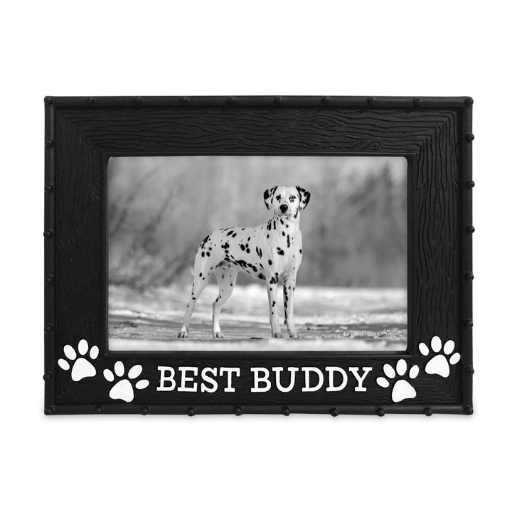 Isaac Jacobs 4" x 6" Resin Sentiments Dog Best Buddy Picture Frame, Horizontal Keepsake Photo Frame with Easel and Hanging Tabs for Tabletop, Desktop &amp; Wall Display