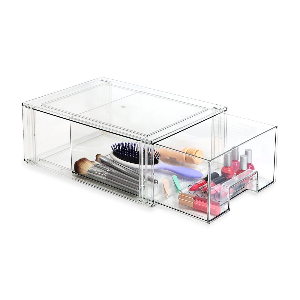 Masirs 2-Tier Clear Pull-Out Drawer Organizer - Sleek, Compact & Sturdy Makeup and Closet Organizer - Easy Assembly Kitchen Storage Solution, Ideal for