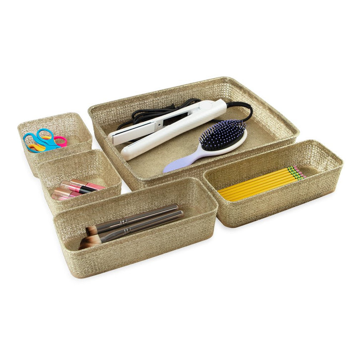 Isaac Jacobs Glitter Plastic Organizer Set w/Cut-Out Handles, Multi-Functional Home Storage, Desk, Office, Bathroom, Bedroom, Closet, Playroom