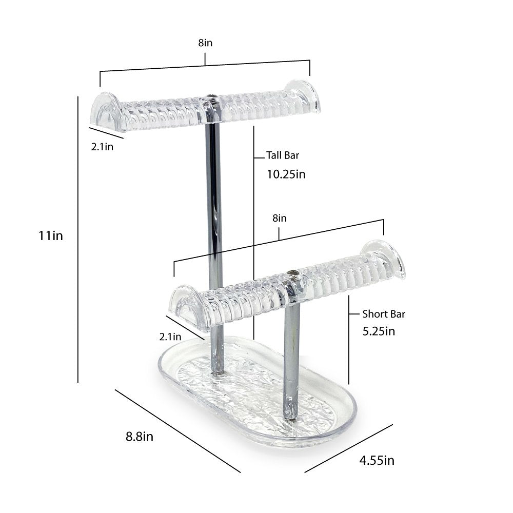 Isaac Jacobs 2-Tier Clear Acrylic Necklace &amp; Bracelet Holder (10.25” H &amp; 5.25” H), Double T-Bar Hanging Chain Organizer, Sleek &amp; Sturdy Jewelry Stand &amp; Tray for Rings, Bedroom, Bathroom