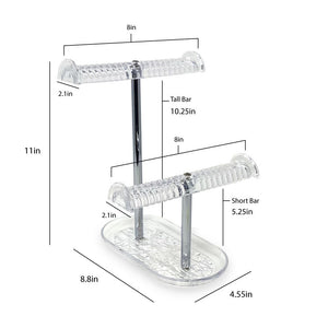 Isaac Jacobs 2-Tier Clear Acrylic Necklace & Bracelet Holder (10.25” H & 5.25” H), Double T-Bar Hanging Chain Organizer, Sleek & Sturdy Jewelry Stand & Tray for Rings, Bedroom, Bathroom