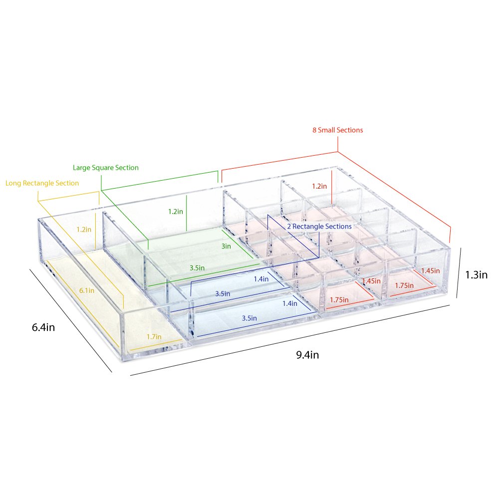 Isaac Jacobs 12-Compartment Clear Acrylic Drawer Organizer (9.4" L x 6.4" W x 1.4" H), Multi-Sectional Tray &amp; Storage Solution for Makeup, School &amp; Office Supplies, Bathroom, Kitchen