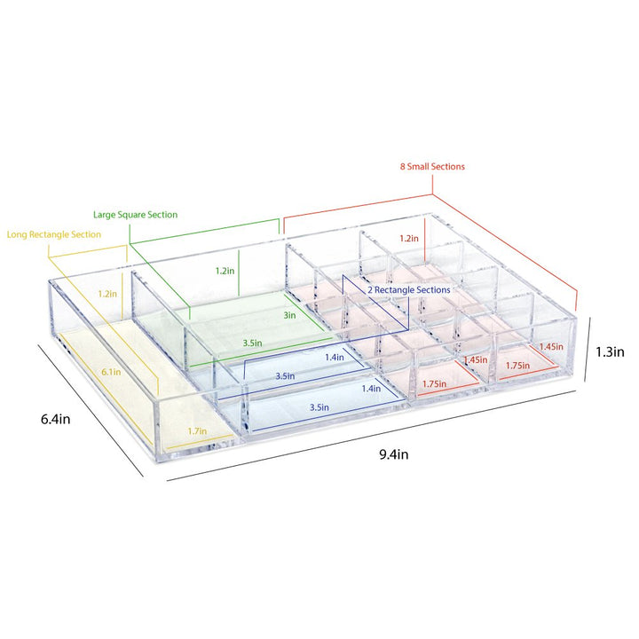 Isaac Jacobs 12-Compartment Clear Acrylic Drawer Organizer (9.4" L x 6.4" W x 1.4" H), Multi-Sectional Tray &amp; Storage Solution for Makeup, School &amp; Office Supplies, Bathroom, Kitchen