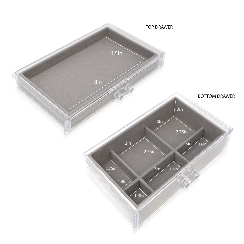 Isaac Jacobs Clear Acrylic 2-Drawer Jewelry Organizer (9.25” x 5.4” x 4.25”) w/ Velvet Lining, Stackable Storage Box For Necklaces, Bracelets, Earrings, Watches &amp; Rings, Tabletop Display Case