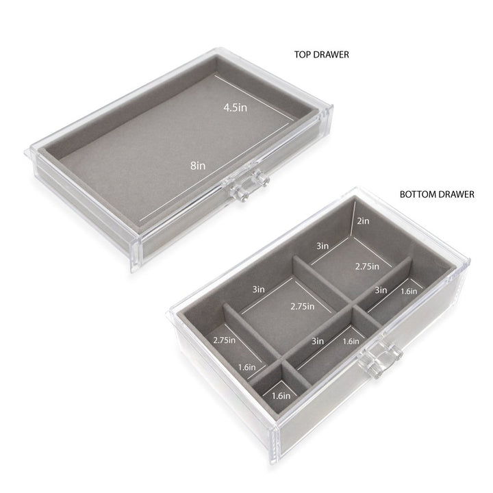 Isaac Jacobs Clear Acrylic 2-Drawer Jewelry Organizer (9.25” x 5.4” x 4.25”) w/ Velvet Lining, Stackable Storage Box For Necklaces, Bracelets, Earrings, Watches &amp; Rings, Tabletop Display Case