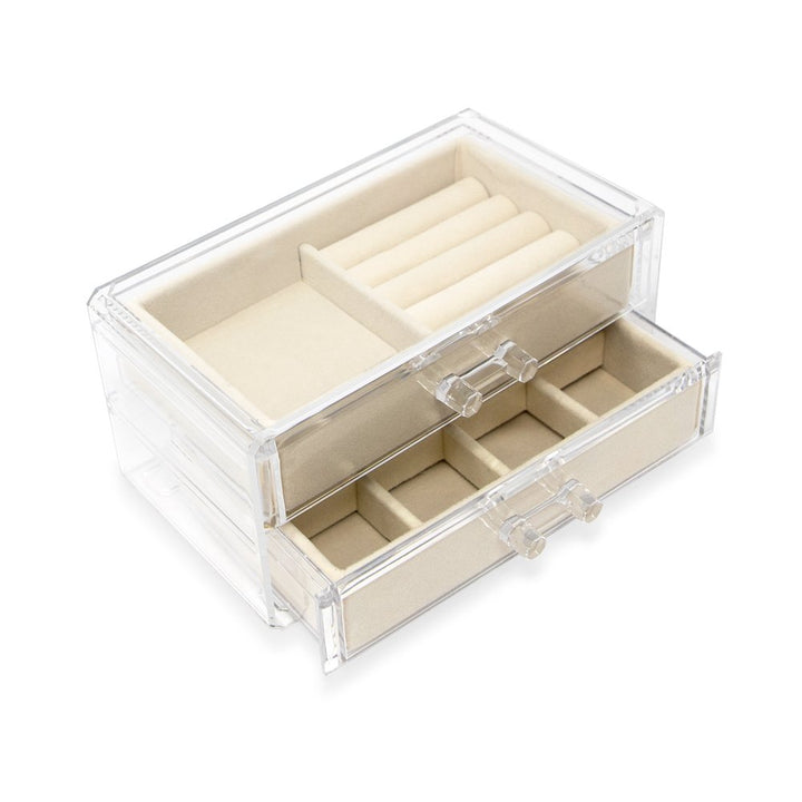Isaac Jacobs Clear Acrylic 2-Drawer Jewelry Organizer (7.4” x 4.5” x 3.5”) w/ Velvet Lining, Stackable Storage Box For Rings, Necklaces, Bracelets, Earrings &amp; Watches, Tabletop Display Case
