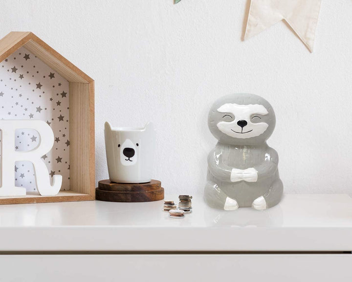 Isaac Jacobs Ceramic Sloth Money Bank, Cute Piggy Bank for Kids and Adults, Sloth Lovers Gift, Animal and Adventure Room Décor for Boys &amp; Girls, Happy Sloth Cartoon Animal Decorative Coin Bank (Gray)