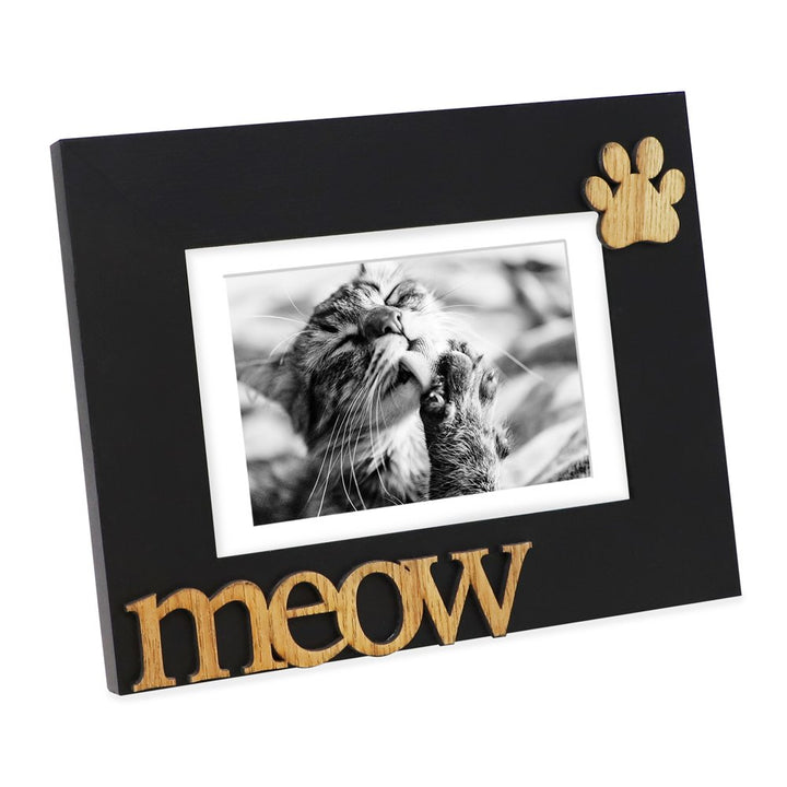 Isaac Jacobs Wood Sentiments Cat “Meow” Picture Frame, Photo Gift for Pet Cat, Kitten, Display on Tabletop, Desk